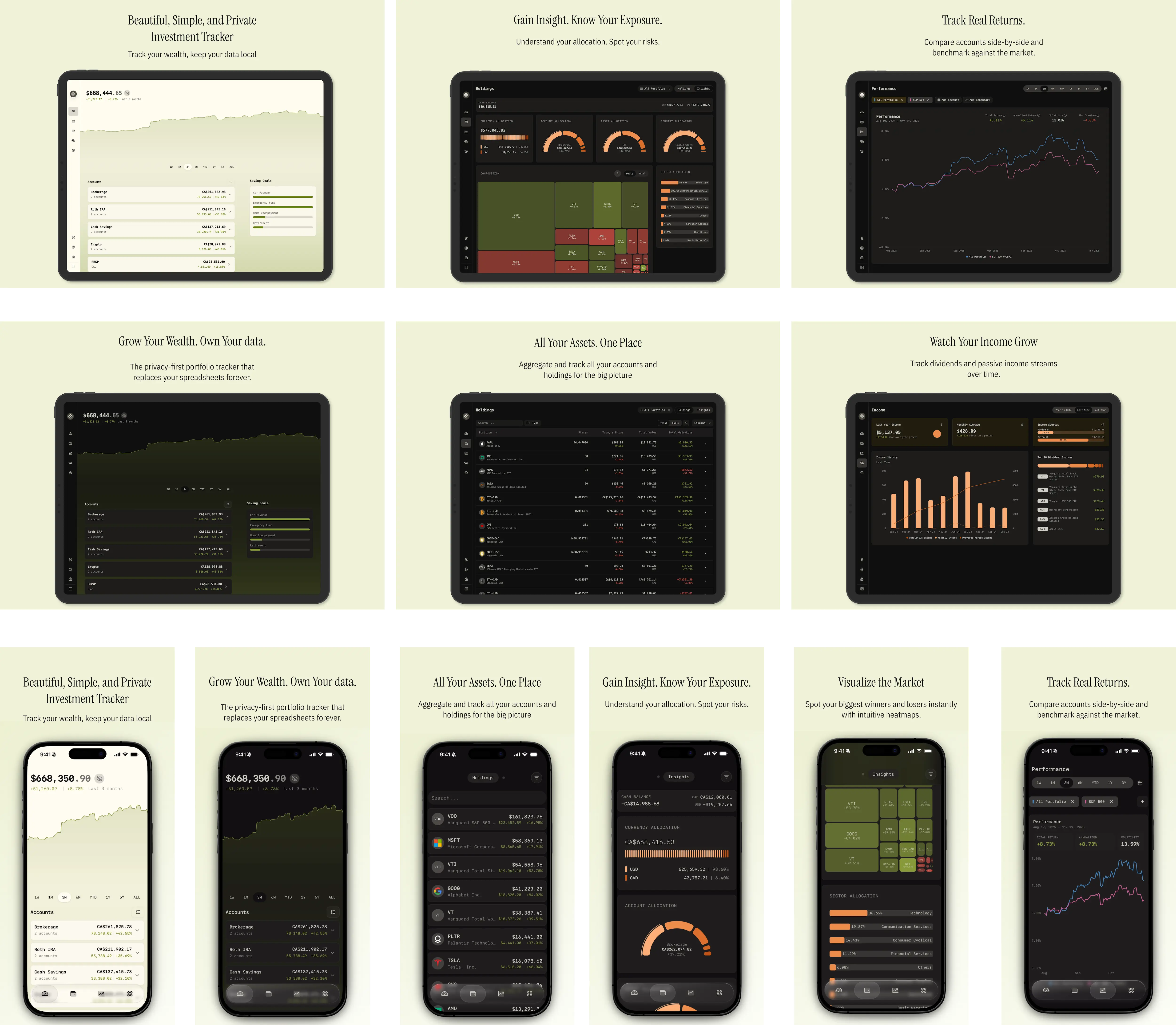 Upstream Wealthfolio portfolio interface montage showing desktop and mobile investment views