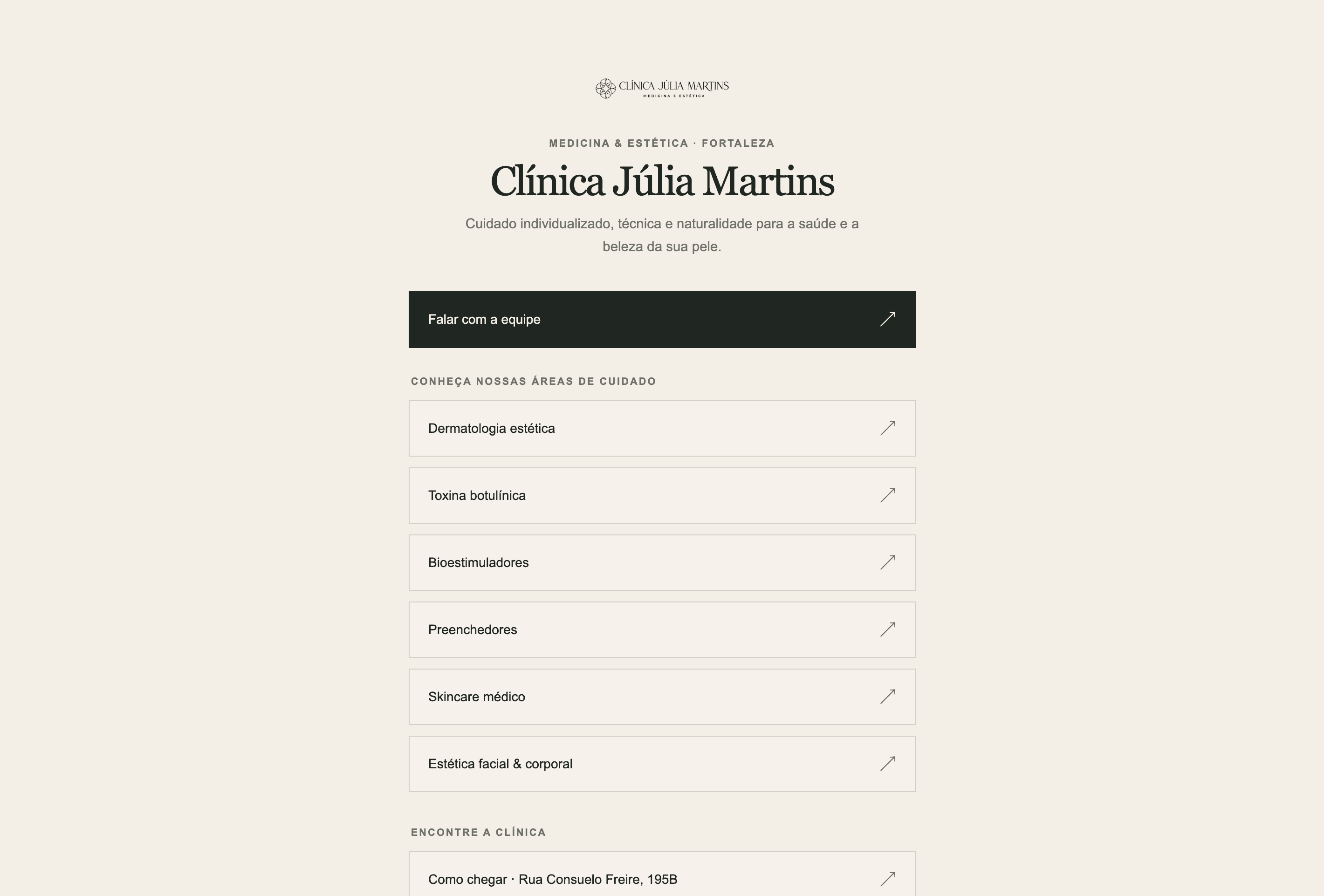 Página /links/ publicada da Clínica Júlia Martins, reunindo WhatsApp, tratamentos, localização, Instagram e site principal