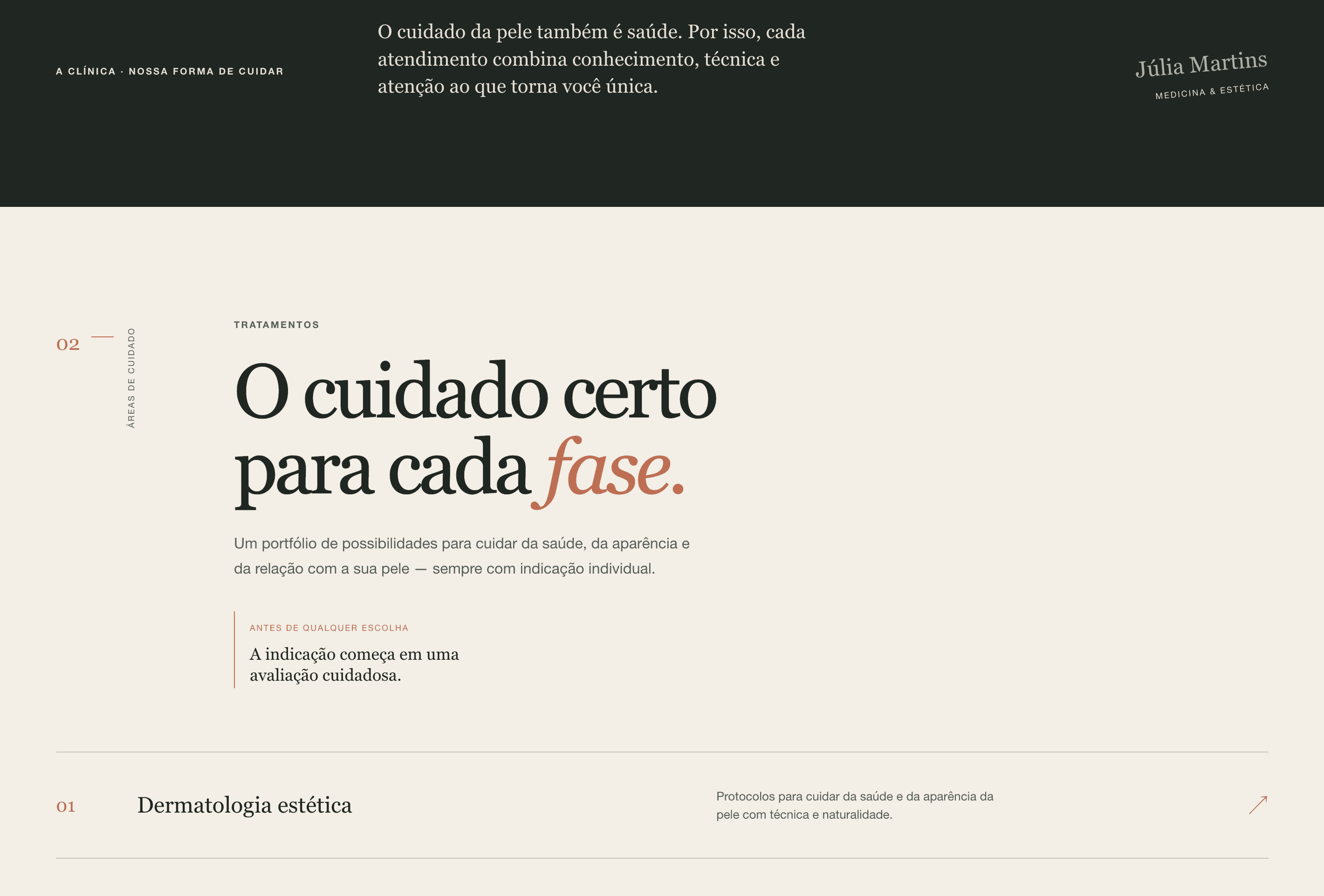 Seção de tratamentos publicada da Clínica Júlia Martins, com tipografia editorial e lista de áreas de cuidado em português