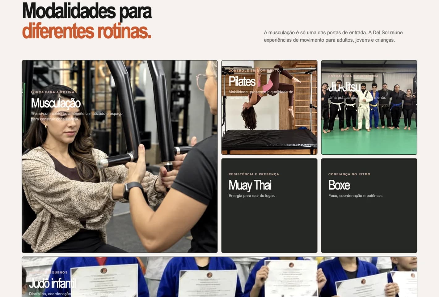 Seção de modalidades da homepage publicada da Del Sol Academia, com cards de musculação, Pilates, Jiu-Jitsu, Muay Thai, boxe e judô infantil
